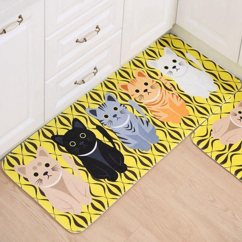 Yellow and Black Background with Kitty Floor Mat