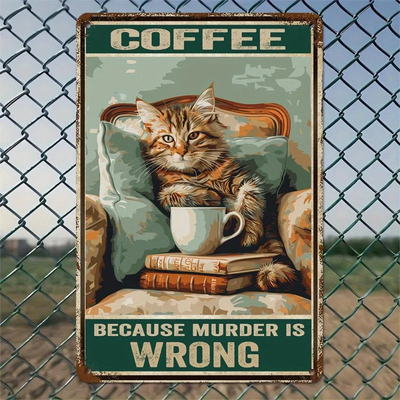 Vintage Coffee Cat Metal Sign - Coffee Because Murder is Wrong