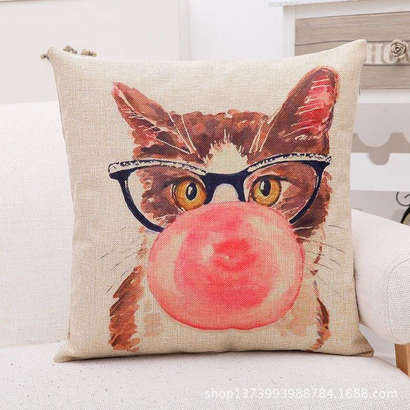 Cat with Glasses and Blowing Bubble Gum Cat Pillow Case
