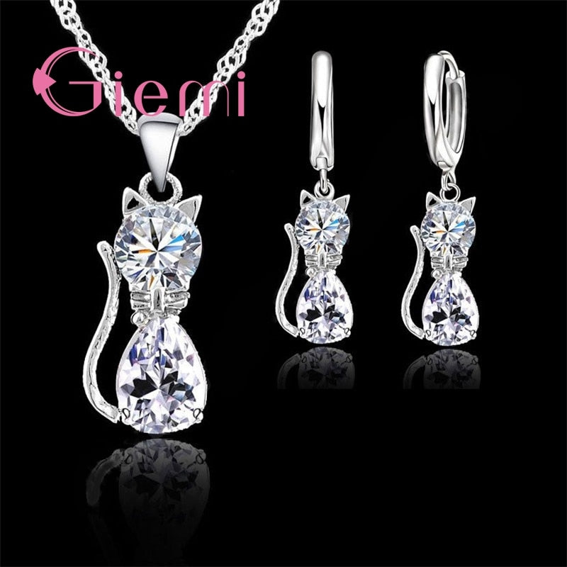 Cat Pendant Necklace and Earrings