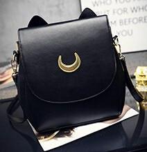 Cat Moon Leather Handbag - Black on Desk