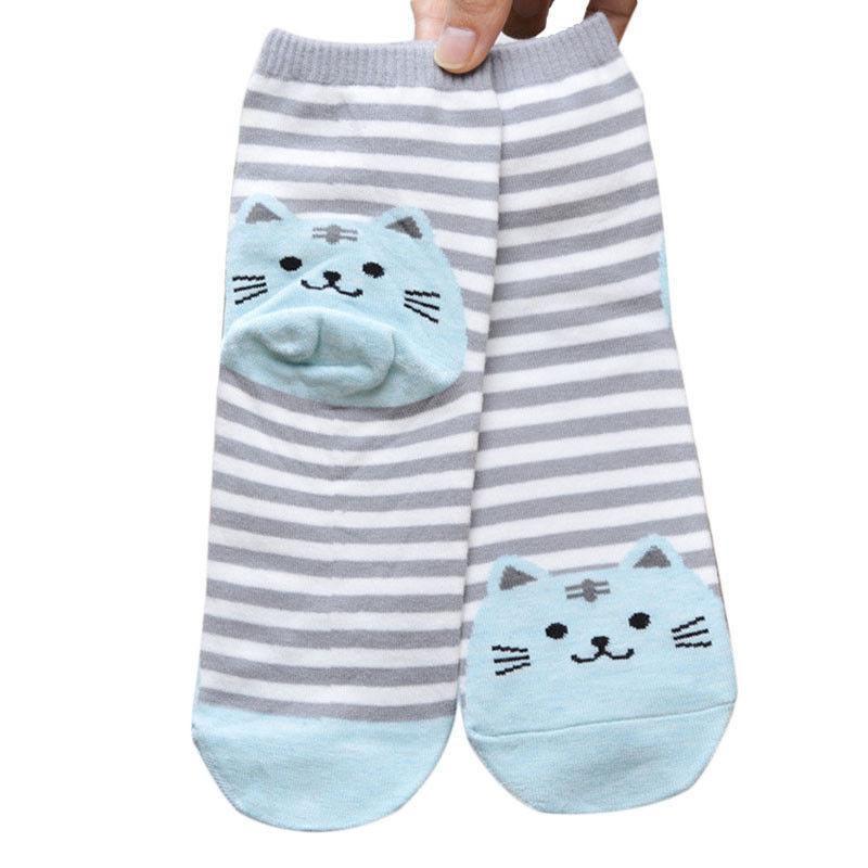 Grey Striped Socks with Baby Blue Fat Cat