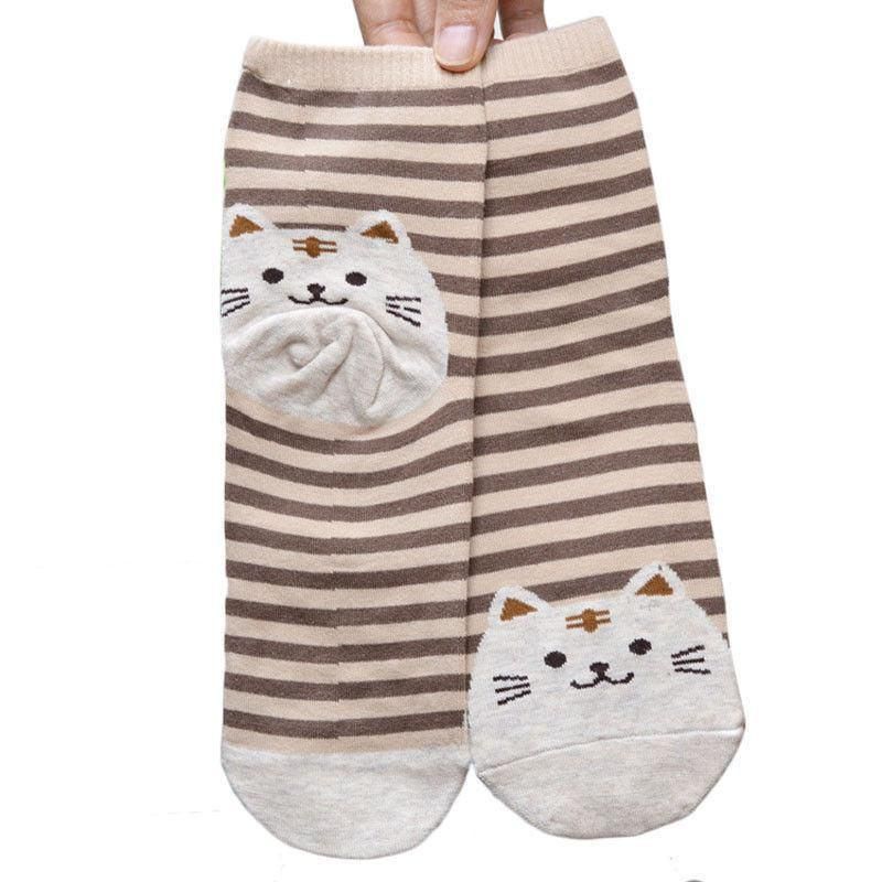Brown Striped Socks with White Fat Cat