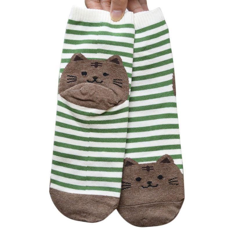 Green Striped Socks with Brown Fat Cat