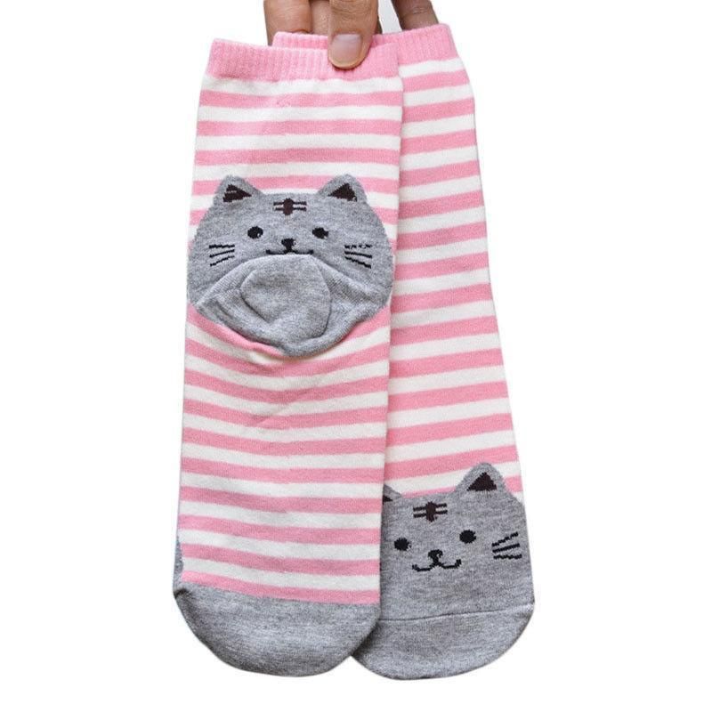 Pink Striped Socks with Grey Fat Cat