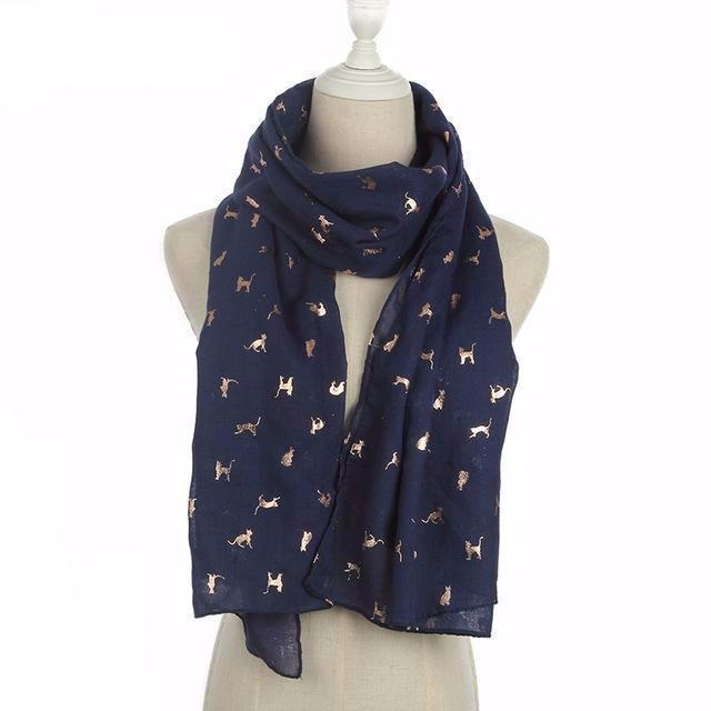 Gold Foil Cat Scarf in Navy Color (Open Scarf Style) 