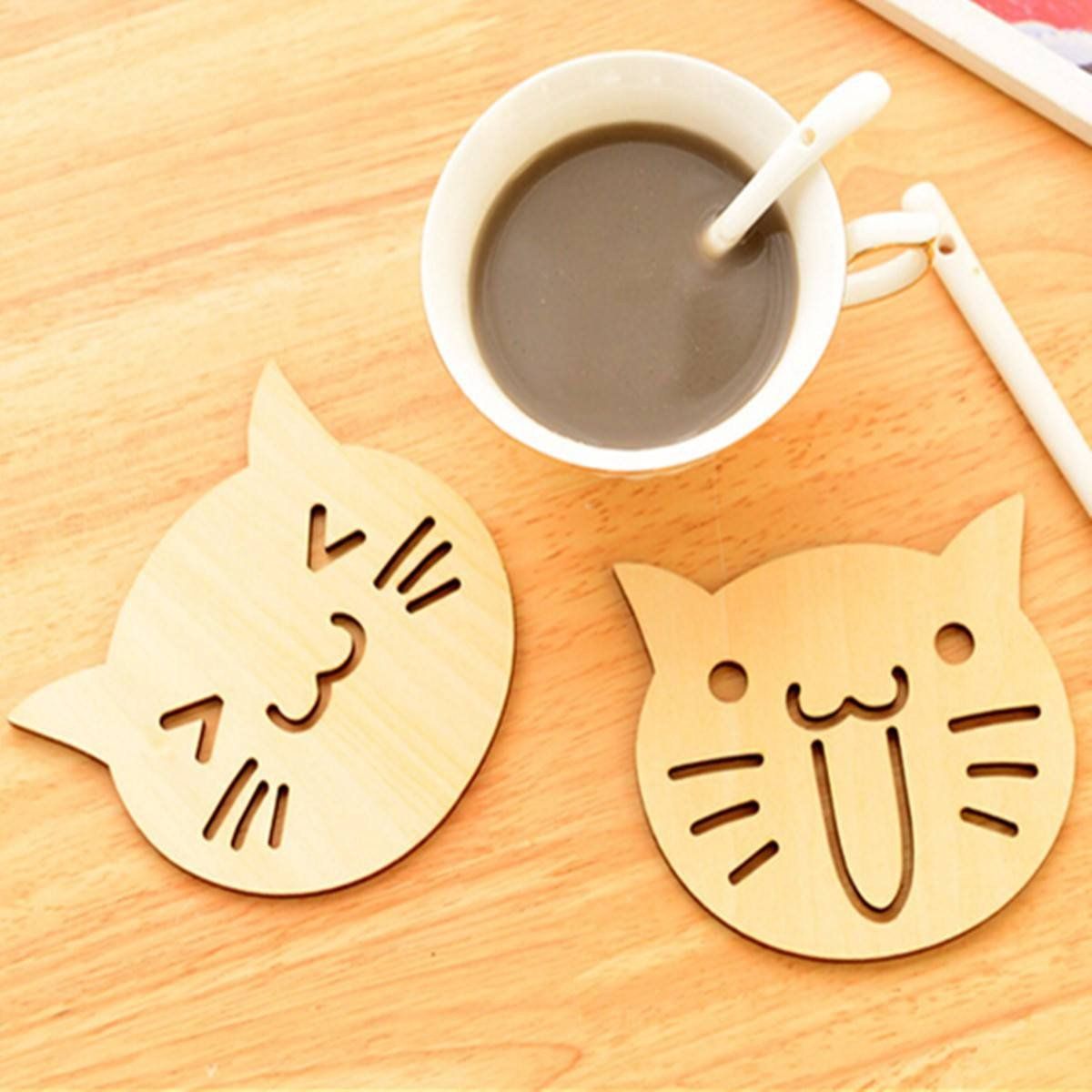 Happy and Surprised Wooden Cat Coasters